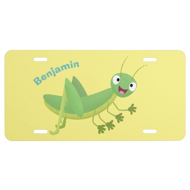 Cute green happy grasshopper cartoon license plate (Front)