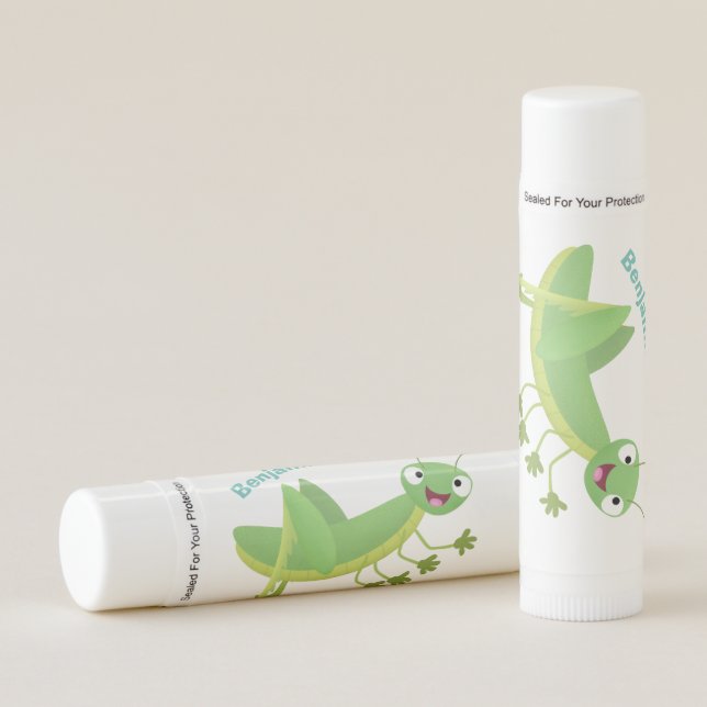 Cute green happy grasshopper cartoon lip balm (Front)