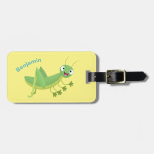 Cute green happy grasshopper cartoon luggage tag
