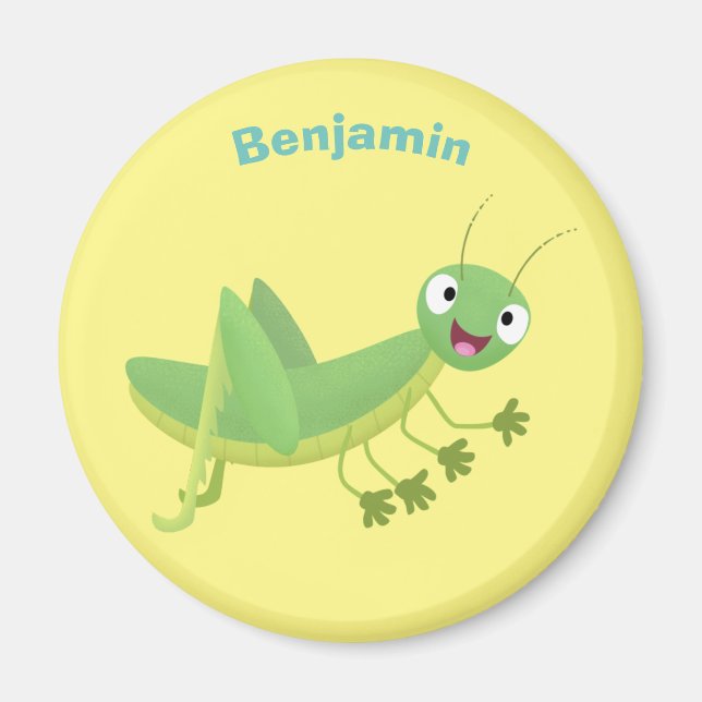 Cute green happy grasshopper cartoon magnet (Front)