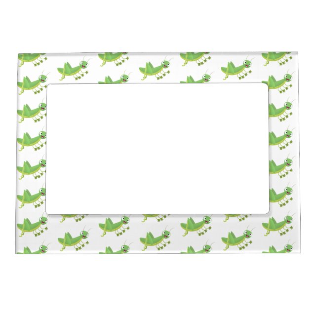 Cute green happy grasshopper cartoon magnetic frame (Front)