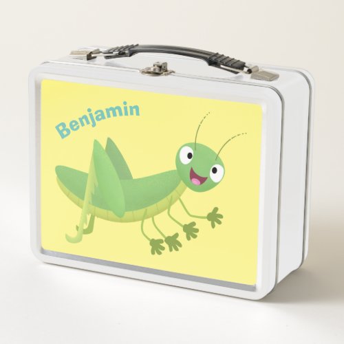 Cute green happy grasshopper cartoon metal lunch box