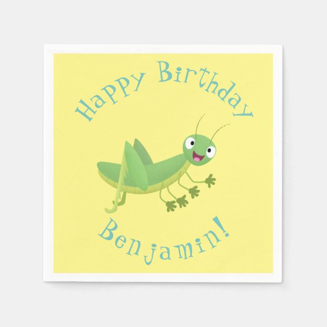 Cute green happy grasshopper cartoon napkins (Front)