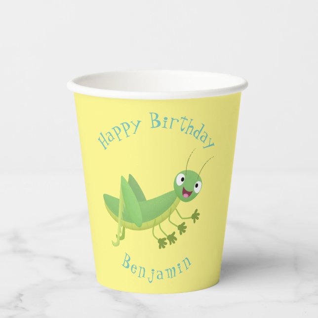 Cute green happy grasshopper cartoon paper cups (Front)