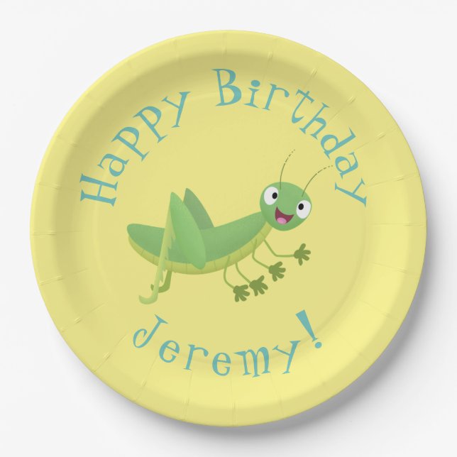 Cute green happy grasshopper cartoon paper plates (Front)