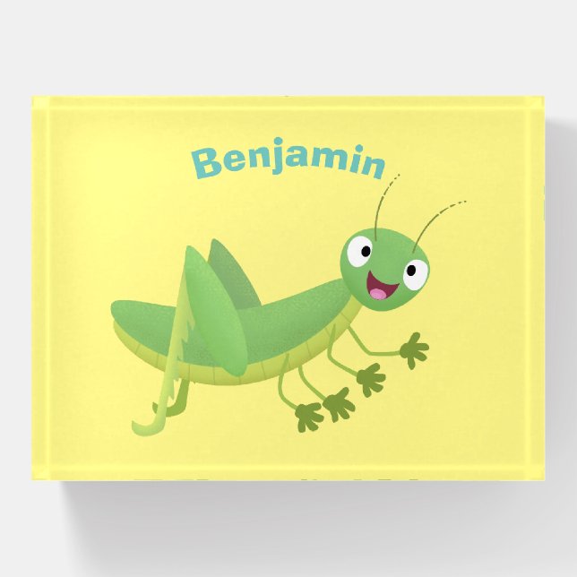 Cute green happy grasshopper cartoon paperweight (Front)
