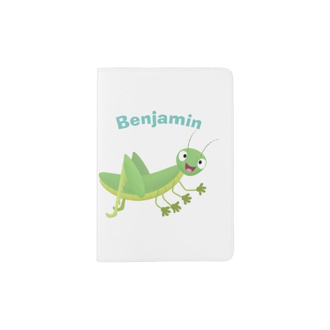 Cute green happy grasshopper cartoon passport holder (Front)