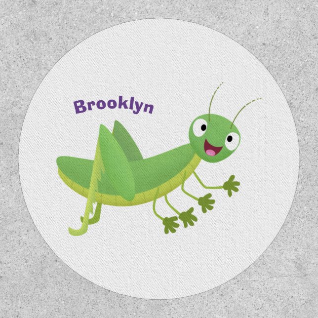 Cute green happy grasshopper cartoon patch (Front)