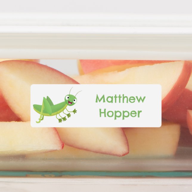 Cute green happy grasshopper cartoon personalized labels (Affixed)