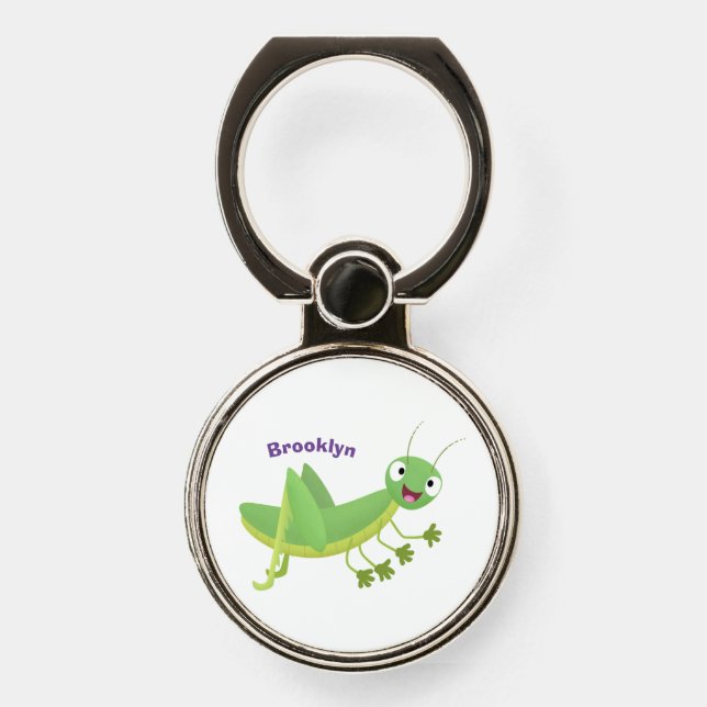 Cute green happy grasshopper cartoon phone ring stand (Front)