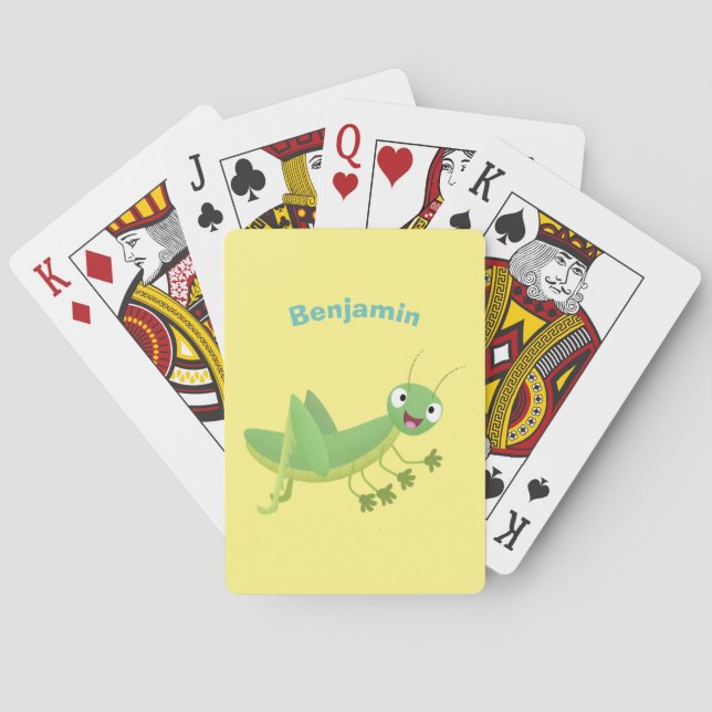 Cute green happy grasshopper cartoon poker cards (Back)