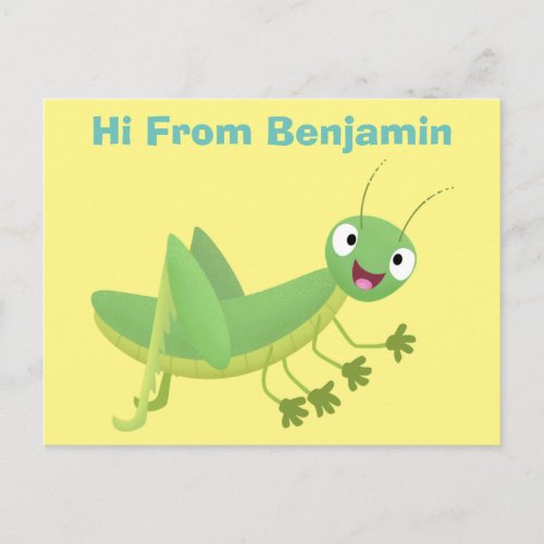 Cute green happy grasshopper cartoon postcard