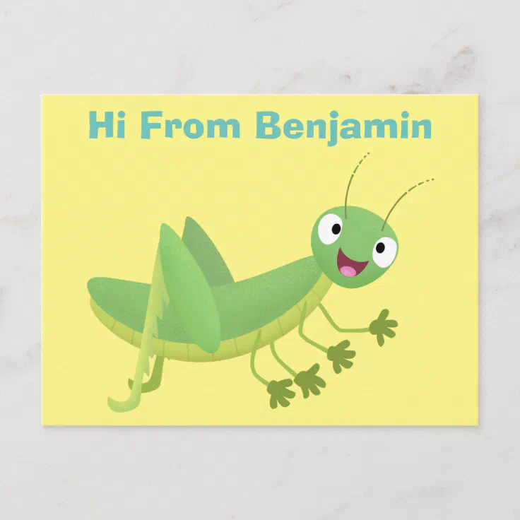 Cute green happy grasshopper cartoon postcard | Zazzle