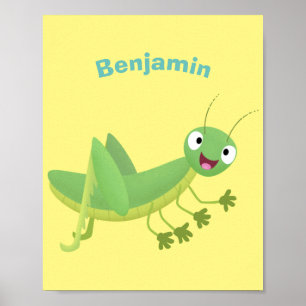 Cute green happy grasshopper cartoon poster