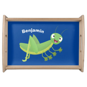 Cute green happy grasshopper cartoon serving tray