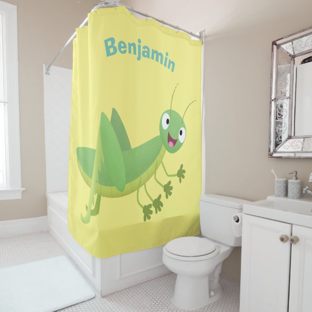 Cute green happy grasshopper cartoon shower curtain (In Situ)
