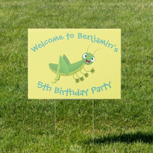 Cute green happy grasshopper cartoon sign