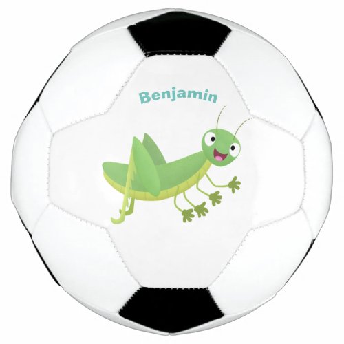 Cute green happy grasshopper cartoon soccer ball