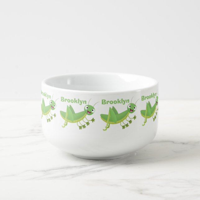 Cute green happy grasshopper cartoon soup mug (Front)