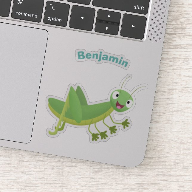 Cute green happy grasshopper cartoon sticker (Detail)