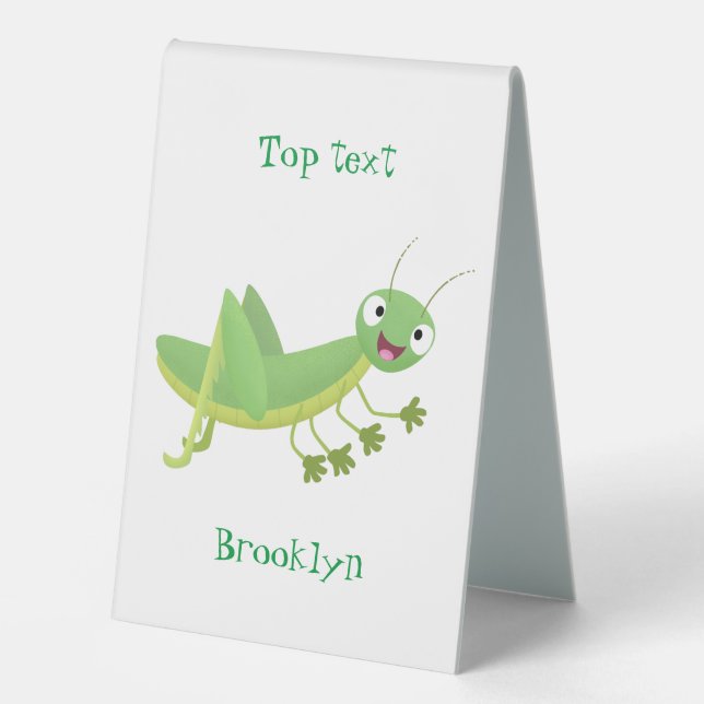 Cute green happy grasshopper cartoon table tent (Front)