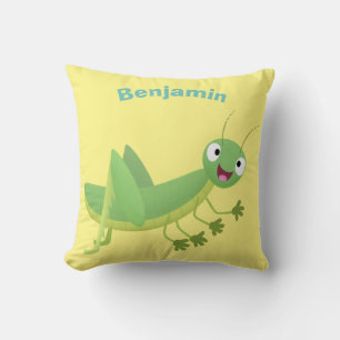 Cute green happy grasshopper cartoon throw pillow