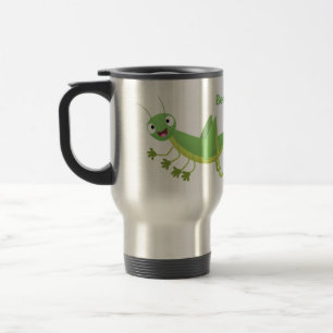 Cute green happy grasshopper cartoon travel mug