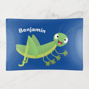 Cute green happy grasshopper cartoon trinket tray
