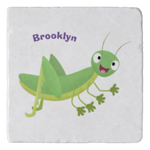 Cute green happy grasshopper cartoon trivet
