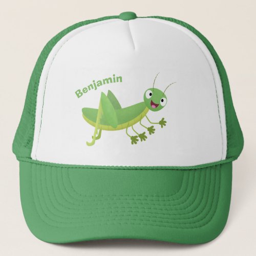 Cute green happy grasshopper cartoon trucker hat