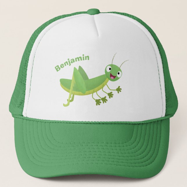 Cute green happy grasshopper cartoon trucker hat (Front)