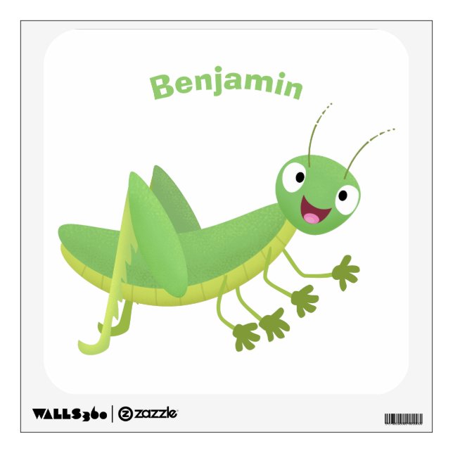 Cute green happy grasshopper cartoon wall decal (Front)