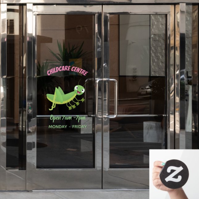 Cute green happy grasshopper cartoon window cling (Office Door)