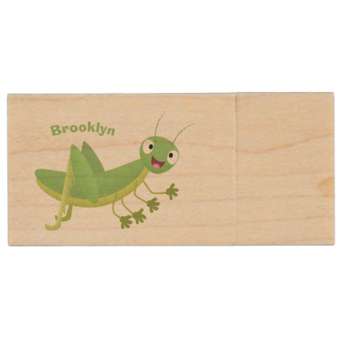 Cute green happy grasshopper cartoon wood flash drive