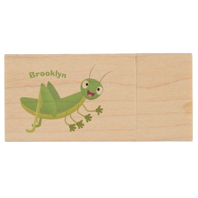 Cute green happy grasshopper cartoon wood flash drive (Front)