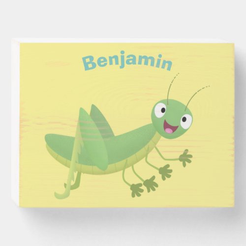 Cute green happy grasshopper cartoon wooden box sign