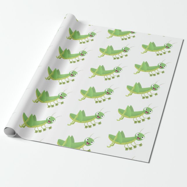 Cute green happy grasshopper cartoon wrapping paper (Unrolled)