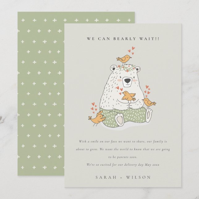 Cute Green Heart Bearly Wait Baby Announcement (Front/Back)