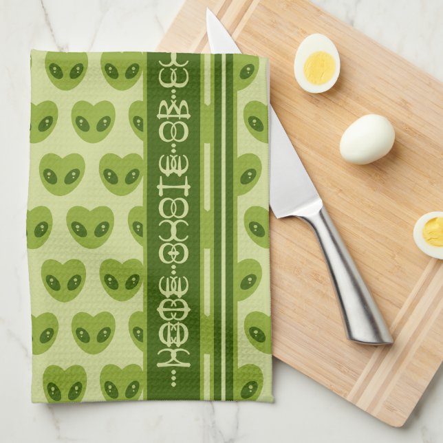 Cute Green Heart-Shaped Alien Your Name in Glyphs Kitchen Towel (Quarter Fold)