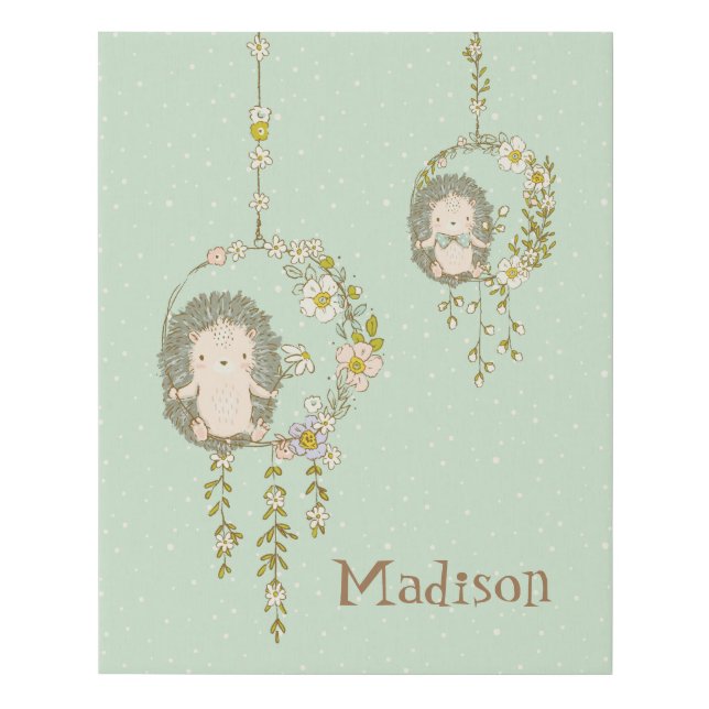 Cute Green Hedgehog Floral Name Boy Girl Nursery Faux Canvas Print (Front)