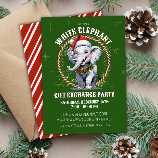 Cute Green Holiday White Elephant Gift Exchange Invitation (Festive green and red cute white elephant Christmas gift exchange party invitations for work church)