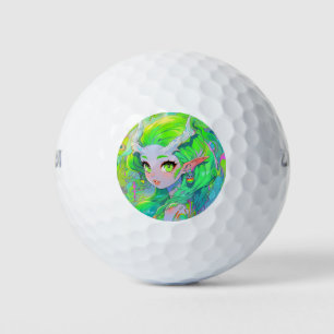 Cute Green Horned Wood Elf Anime Girl Golf Balls