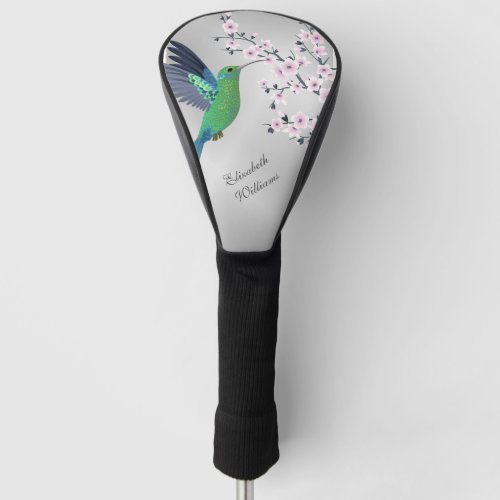 Cute Green Hummingbird Cherry Blossom Add Name   Golf Head Cover