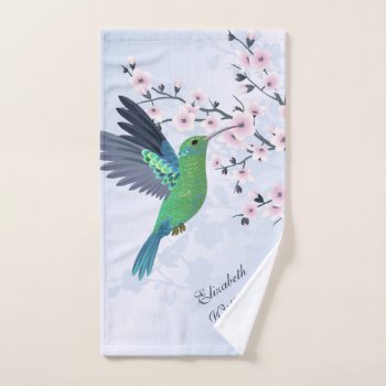Cute Green Hummingbird Cherry Blossom Add Name  Hand Towel by NinaBaydur at Zazzle