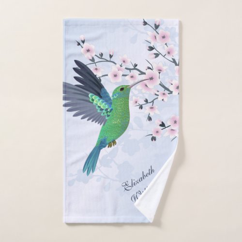 Cute Green Hummingbird Cherry Blossom Add Name  Hand Towel