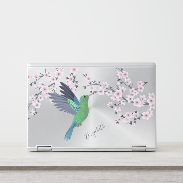 Cute Green Hummingbird Cherry Blossom Add Name  HP Laptop Skin (Front)