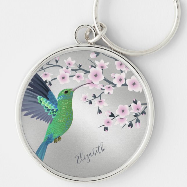 Cute Green Hummingbird Cherry Blossom Add Name  Ke Keychain (Front)