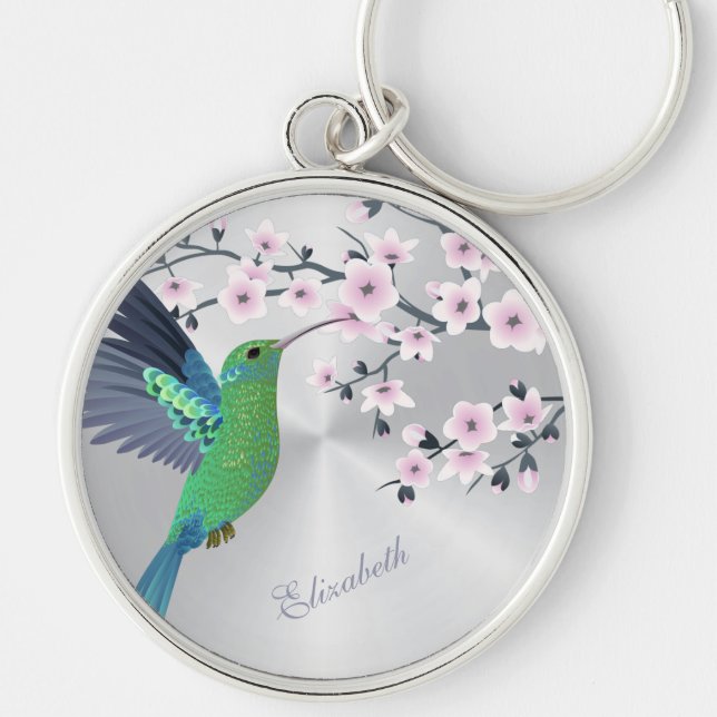 Cute Green Hummingbird Cherry Blossom Add Name  Ke Keychain (Front)