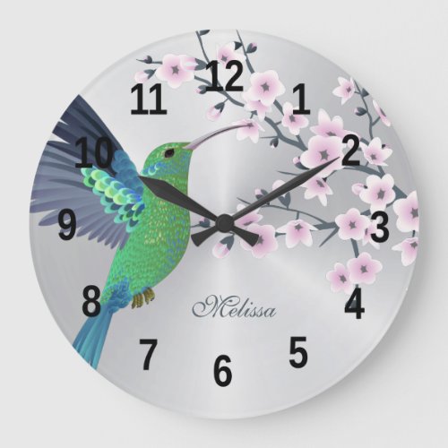 Cute Green Hummingbird Cherry Blossom Add Name  Large Clock