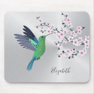 Cute Green Hummingbird Cherry Blossom Add Name Mouse Pad